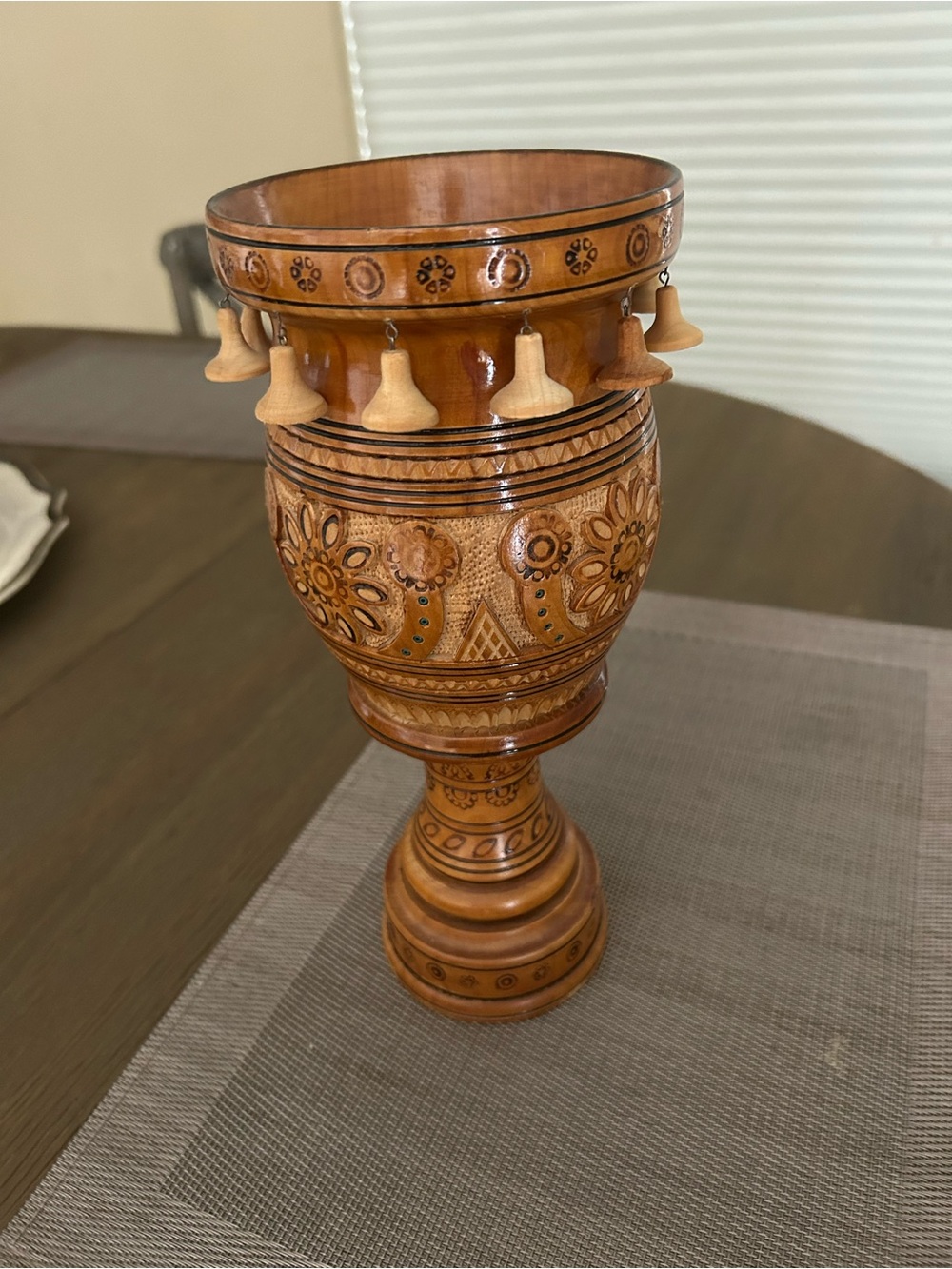 Russian Hand-Carved Brown Wooden Decorative Vase with Tassel Details
